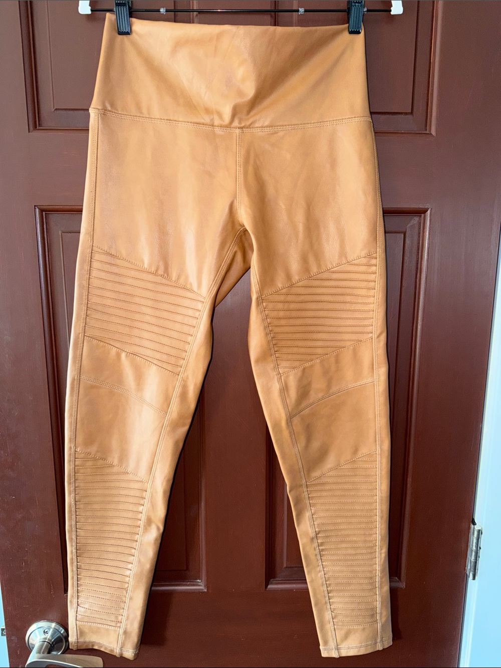 7 For All Mankind Faux Leather Moto Leggings Size M Cognac Brown Ribbed Biker